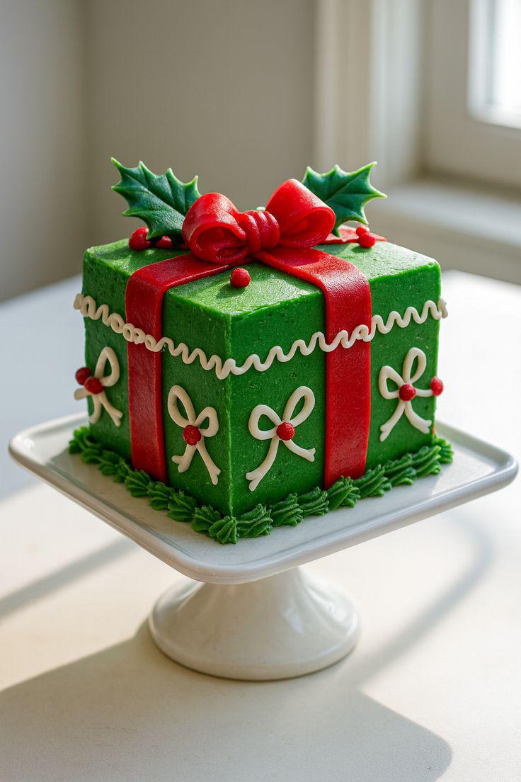 Green Holiday Gift Cake 🎄🎀